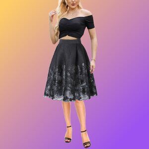 Intricate Black and Silver Embroidery Black Mesh Knee Length Skirt Sz S NEW